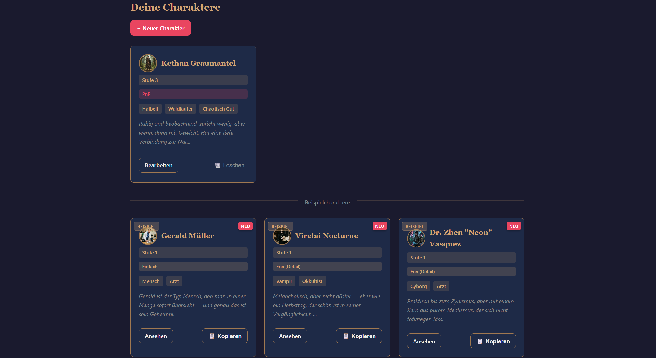 Charakter-Übersicht mit verschiedenen Genres